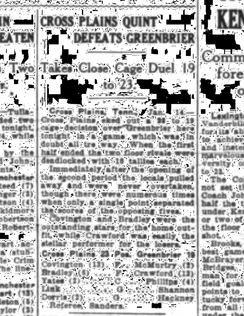 Cross Plains Quintet Defeats Greenbrier newspaper clipping
