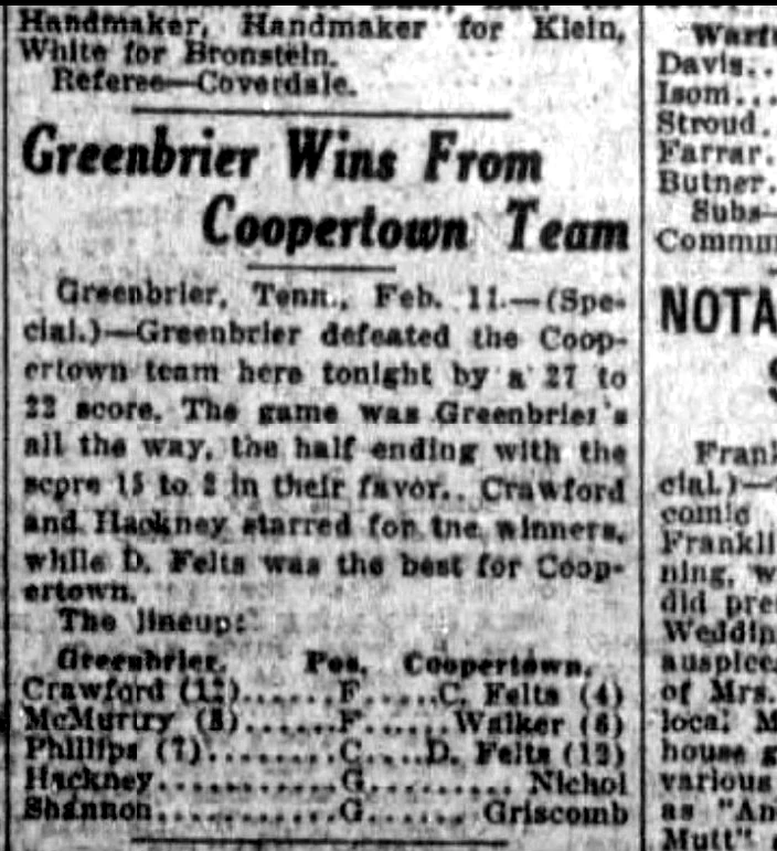 Greenbrier Wins From Coopertown Team newspaper clipping