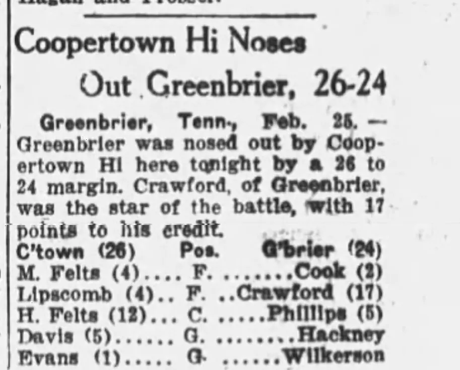 Coopertown Hi Noses Out Greenbrier, 26–24 newspaper clipping