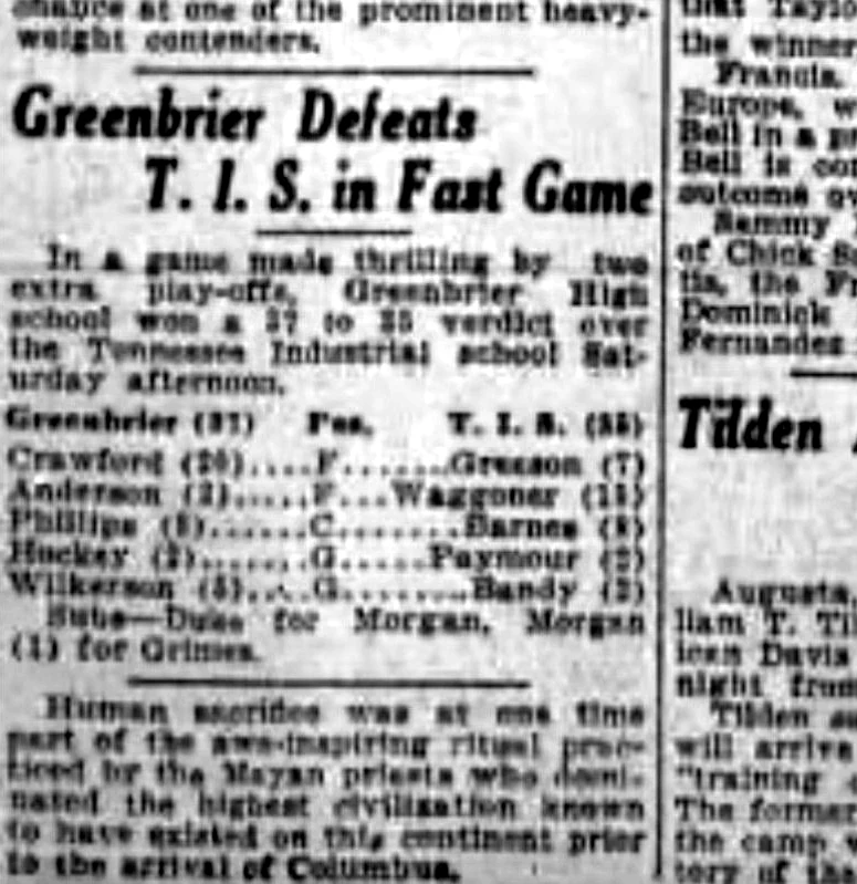 Greenbrier Defeats T.I.S. in Fast Game newspaper clipping