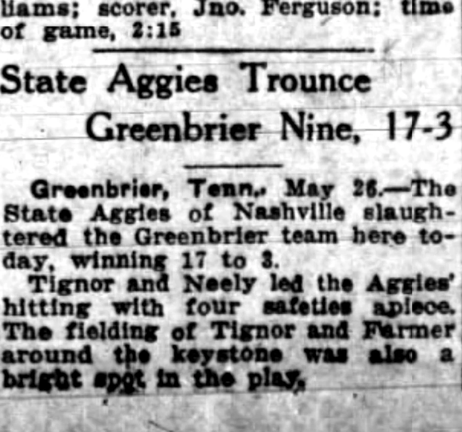 State Aggies Trounce Greenbrier Nine, 17–3 newspaper clipping