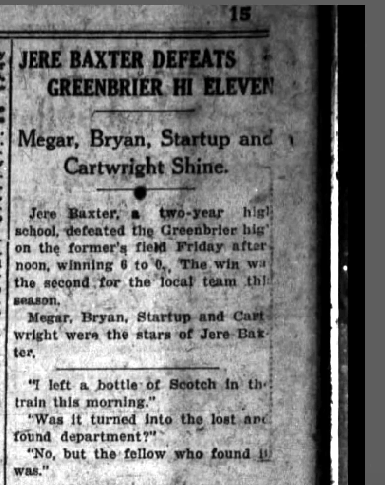 Jere Baxter Defeats Greenbrier Hi Eleven newspaper clipping