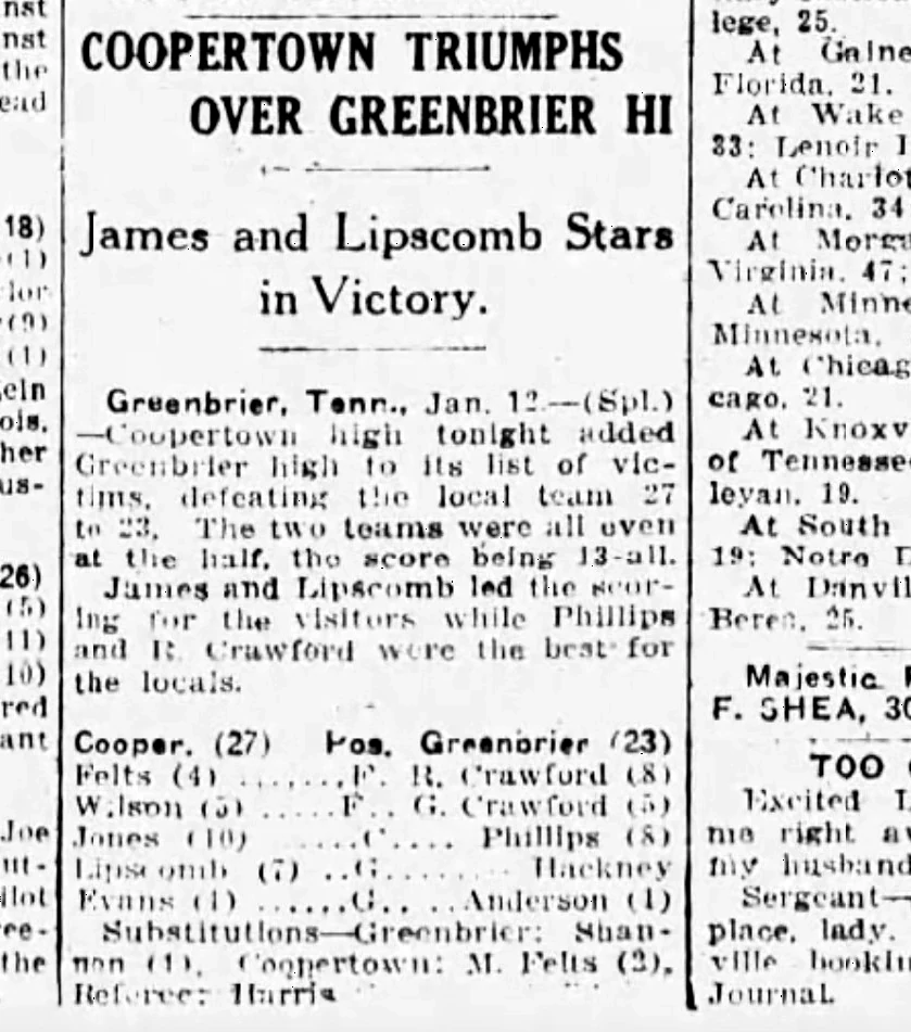 Coopertown Triumphs Over Greenbrier Hi newspaper clipping