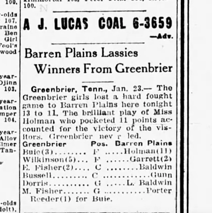 Barren Plains Lassies Winners From Greenbrier newspaper clipping