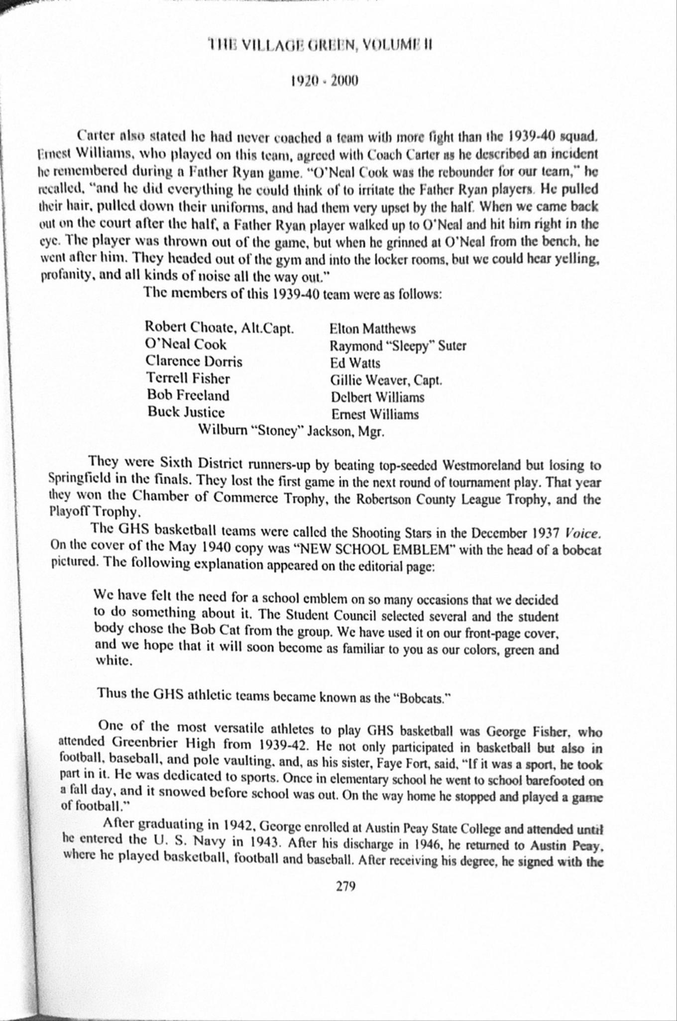 The Village Green, Volume II, printed page 279, introducing George Fisher’s Greenbrier and Austin Peay story.