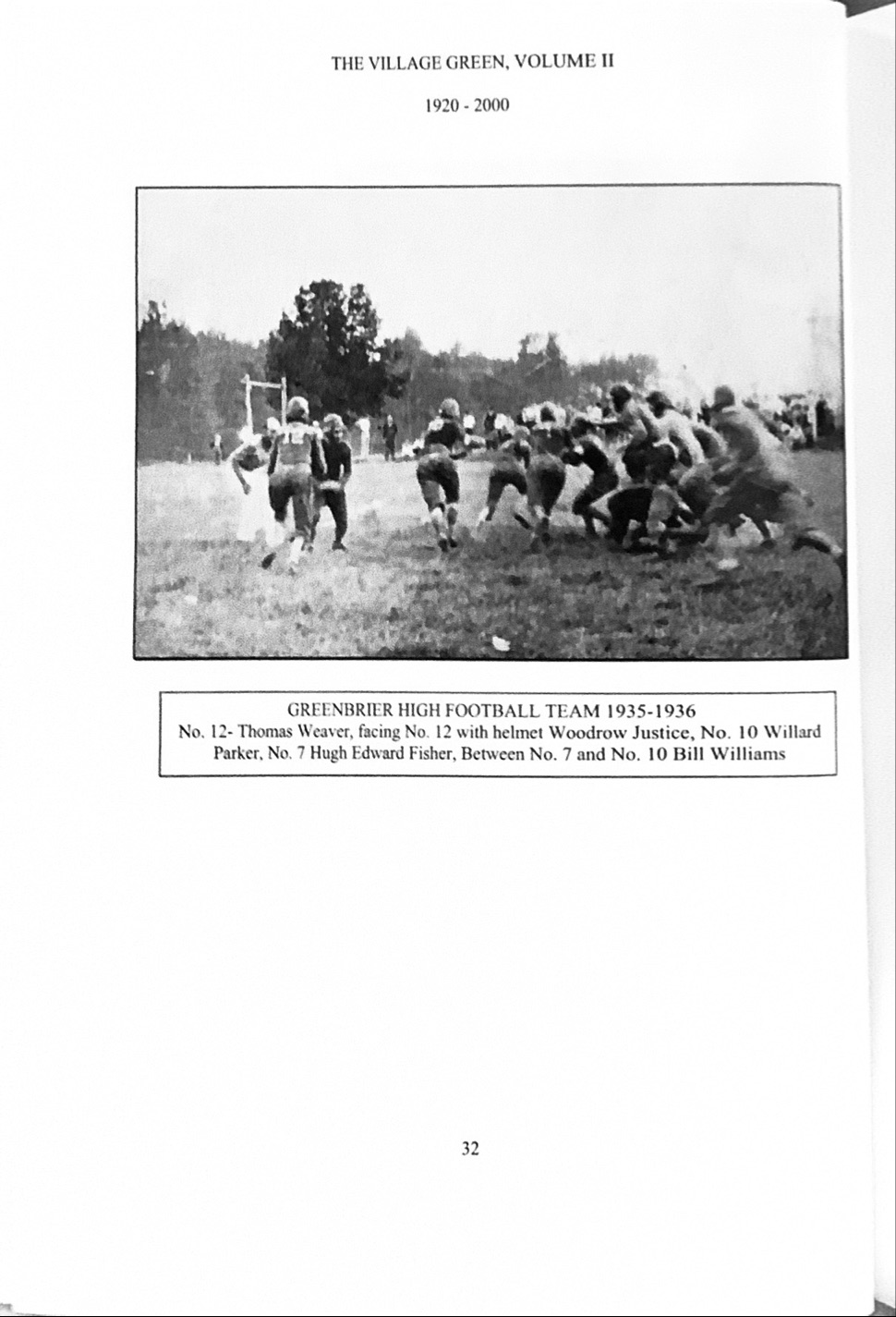 Village Green page showing the Greenbrier High football team in action, captioned 1935–1936