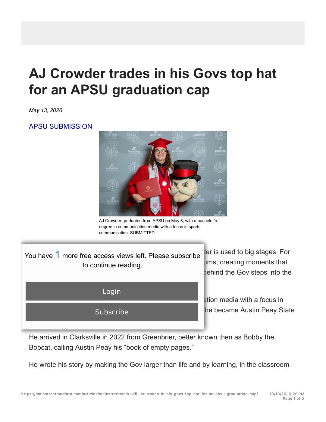 Main Street Clarksville article, May 13, 2026, page 1