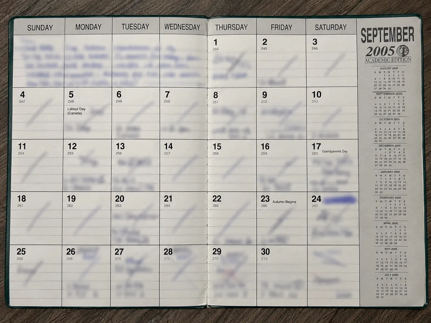 September 2005 senior-year planner page with handwritten entries obscured